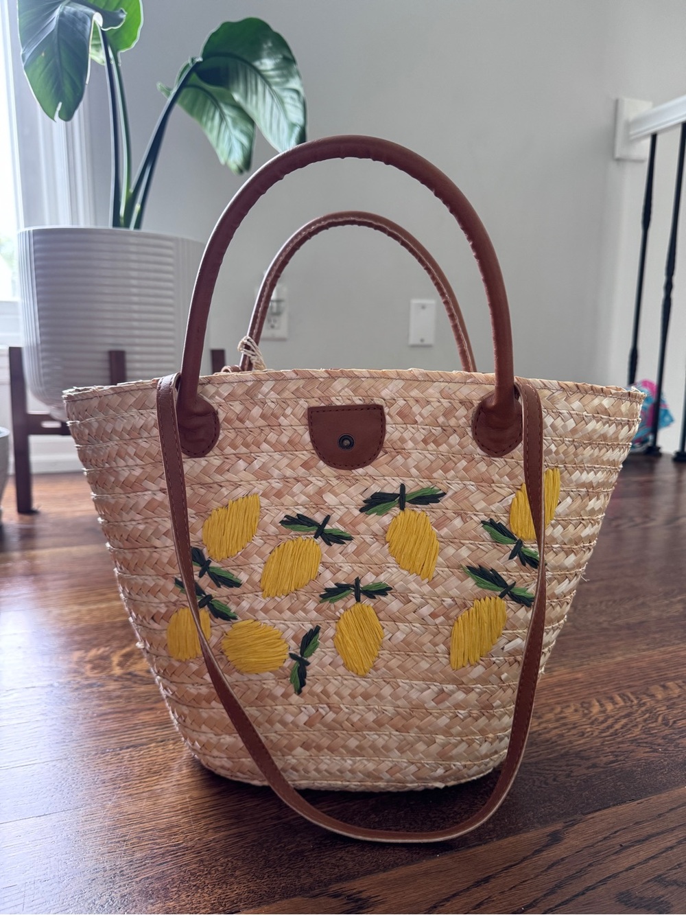 Straw Lemon-Embroidered Tote Bag with Brown Handles